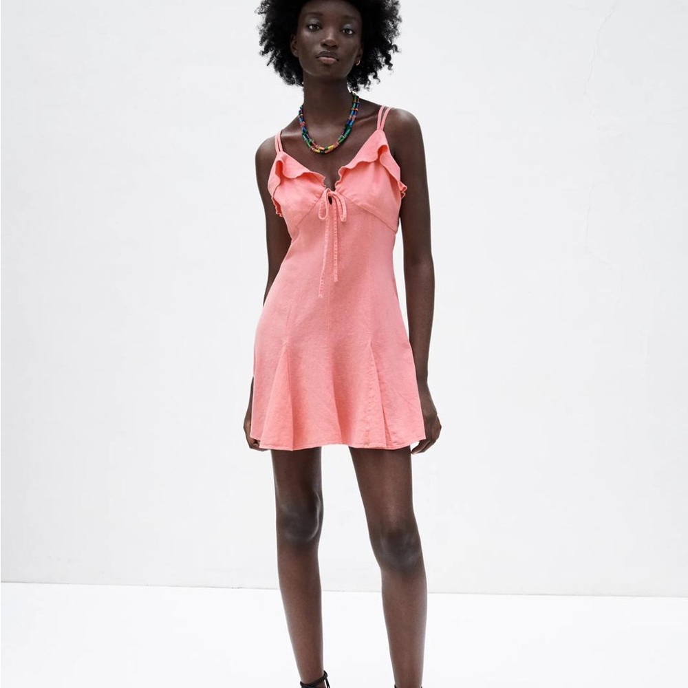 Zara Coral Pink Ruffle Tie-Front Mini Dress
